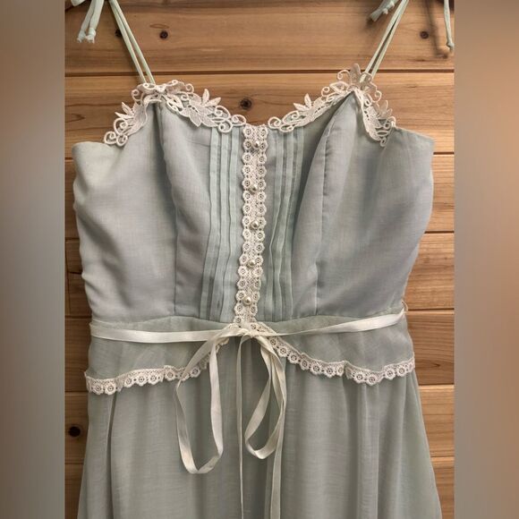Vintage Size Small Baby Blue Lace Tiered Tie Strap Coquette Prairie Maxi Dress - Picture 5 of 14